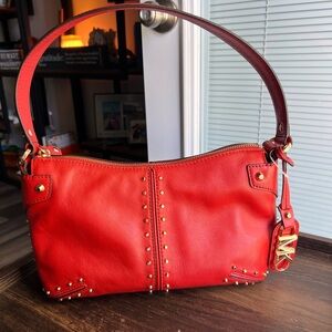 Vibrant Red Michael Kors Studded Leather Shoulder Bag